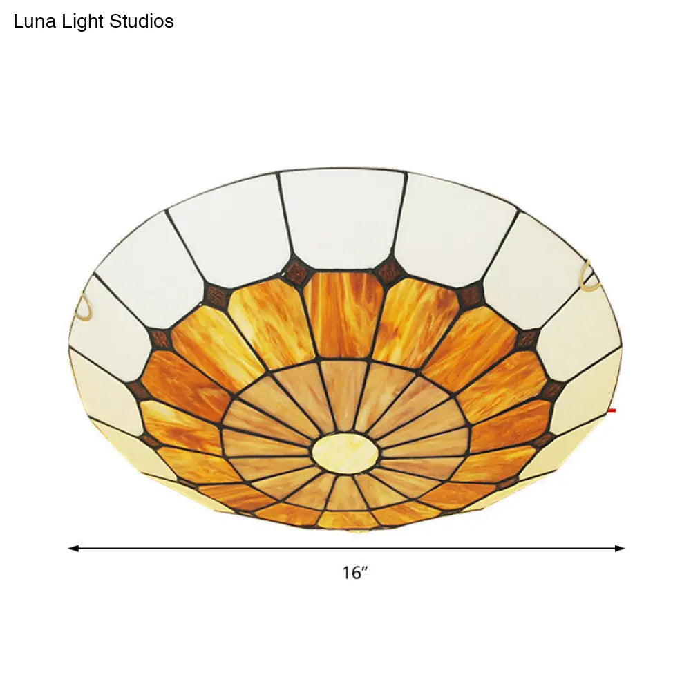 DecorBites™ DecorBites™ Tiffany Antique Art Glass Grid Bowl Ceiling Lamp in Blue/Orange/Yellow - 12"/16" Width - Bedroom Ceiling Mount