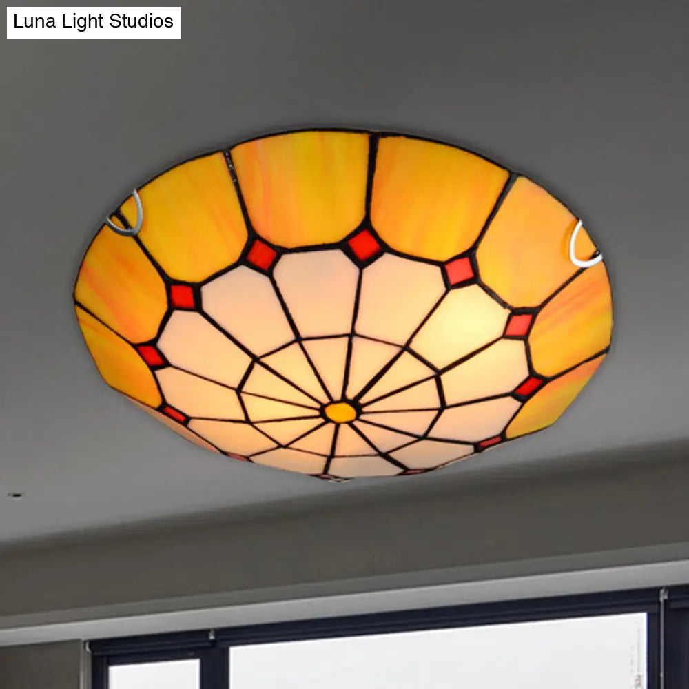 DecorBites™ DecorBites™ Tiffany Antique Art Glass Grid Bowl Ceiling Lamp in Blue/Orange/Yellow - 12"/16" Width - Bedroom Ceiling Mount