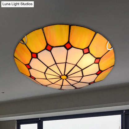 DecorBites™ DecorBites™ Tiffany Antique Art Glass Grid Bowl Ceiling Lamp in Blue/Orange/Yellow - 12"/16" Width - Bedroom Ceiling Mount