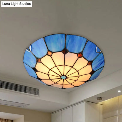 DecorBites™ DecorBites™ Tiffany Antique Art Glass Grid Bowl Ceiling Lamp in Blue/Orange/Yellow - 12"/16" Width - Bedroom Ceiling Mount