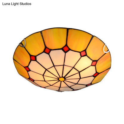 DecorBites™ DecorBites™ Tiffany Antique Art Glass Grid Bowl Ceiling Lamp in Blue/Orange/Yellow - 12"/16" Width - Bedroom Ceiling Mount