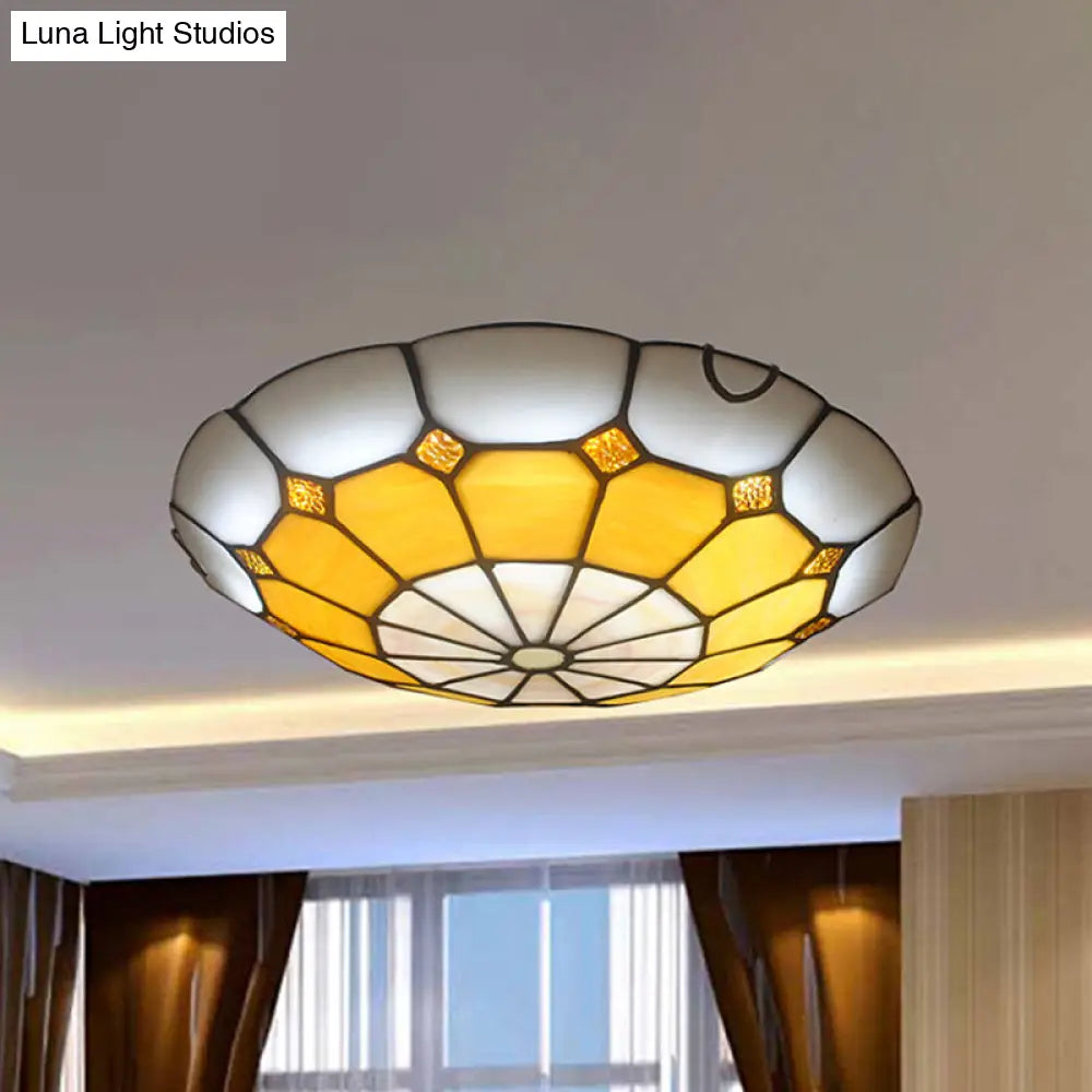 DecorBites™ DecorBites™ Tiffany Antique Art Glass Grid Bowl Ceiling Lamp in Blue/Orange/Yellow - 12"/16" Width - Bedroom Ceiling Mount