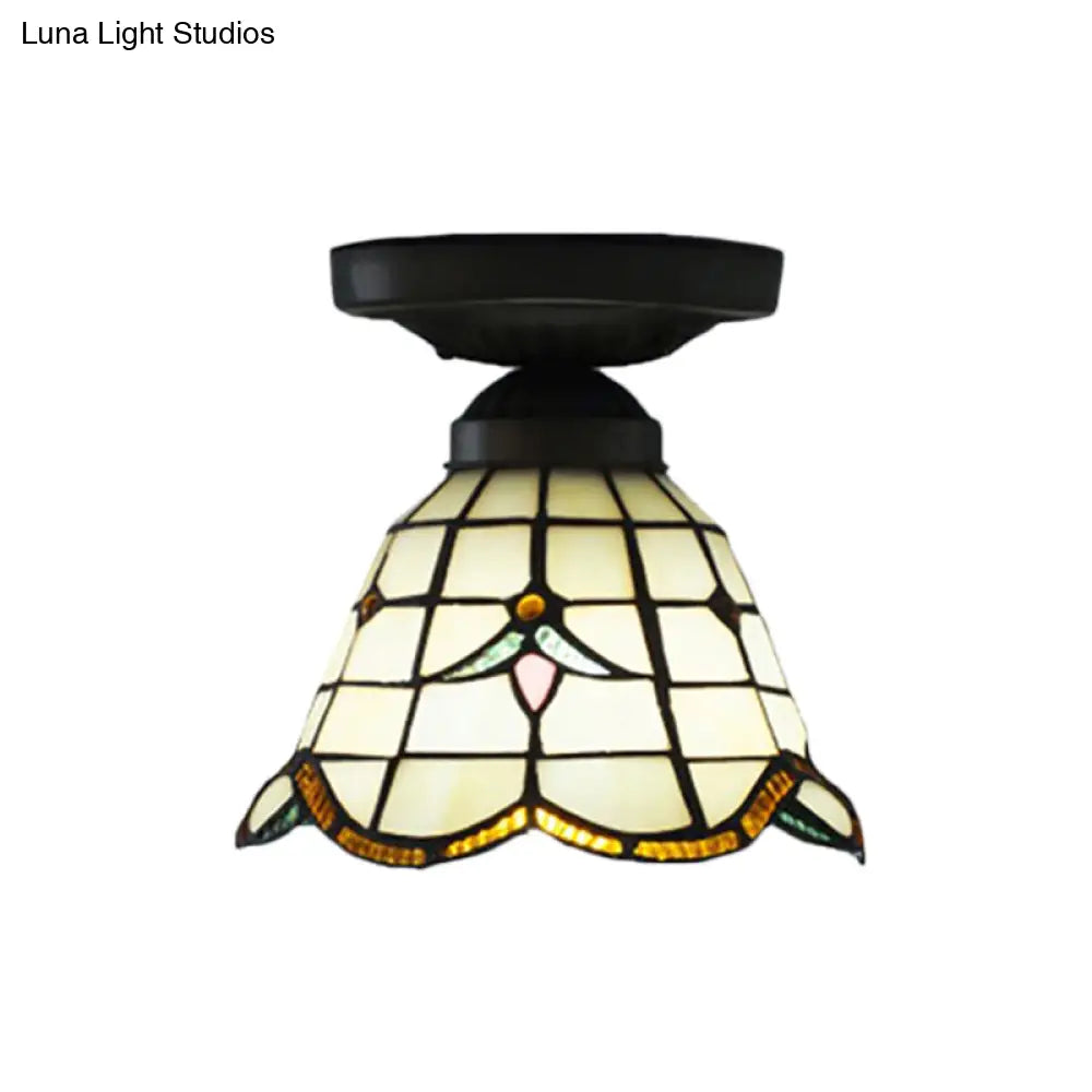 Tiffany Art Glass Dome Ceiling Light - White, 6"/7" Width, Flush Mount for Hallway