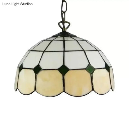 Tiffany Art Glass Dome Pendant Light - Beige/Orange/Blue - 1 Bulb - Ceiling Hang Fixture for Living Room - 8"/12"/16" W