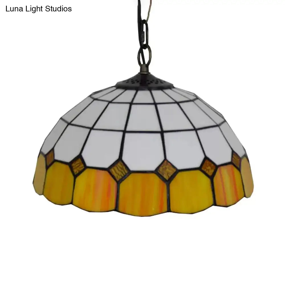 Tiffany Art Glass Dome Pendant Light - Beige/Orange/Blue - 1 Bulb - Ceiling Hang Fixture for Living Room - 8"/12"/16" W