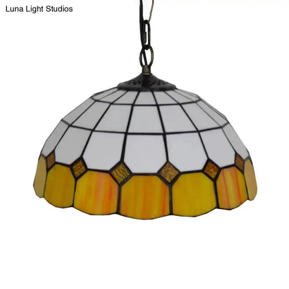 Tiffany Art Glass Dome Pendant Light - Beige/Orange/Blue - 1 Bulb - Ceiling Hang Fixture for Living Room - 8"/12"/16" W