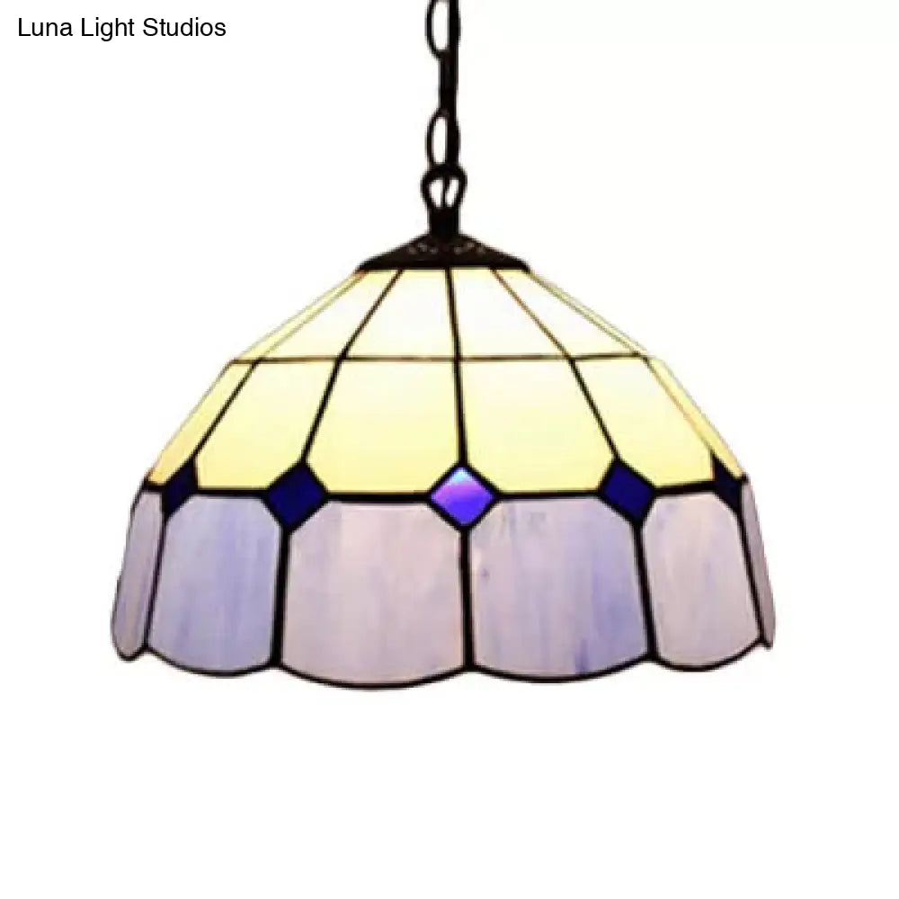 Tiffany Art Glass Dome Pendant Light - Beige/Orange/Blue - 1 Bulb - Ceiling Hang Fixture for Living Room - 8"/12"/16" W