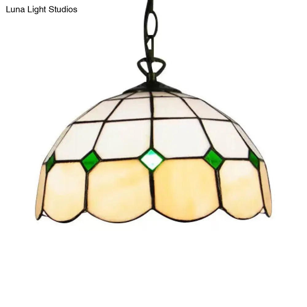 Tiffany Art Glass Dome Pendant Light - Beige/Orange/Blue - 1 Bulb - Ceiling Hang Fixture for Living Room - 8"/12"/16" W