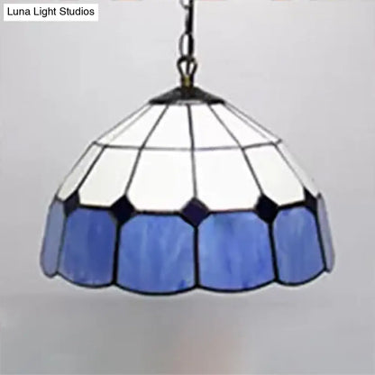 Tiffany Art Glass Dome Pendant Light - Beige/Orange/Blue - 1 Bulb - Ceiling Hang Fixture for Living Room - 8"/12"/16" W