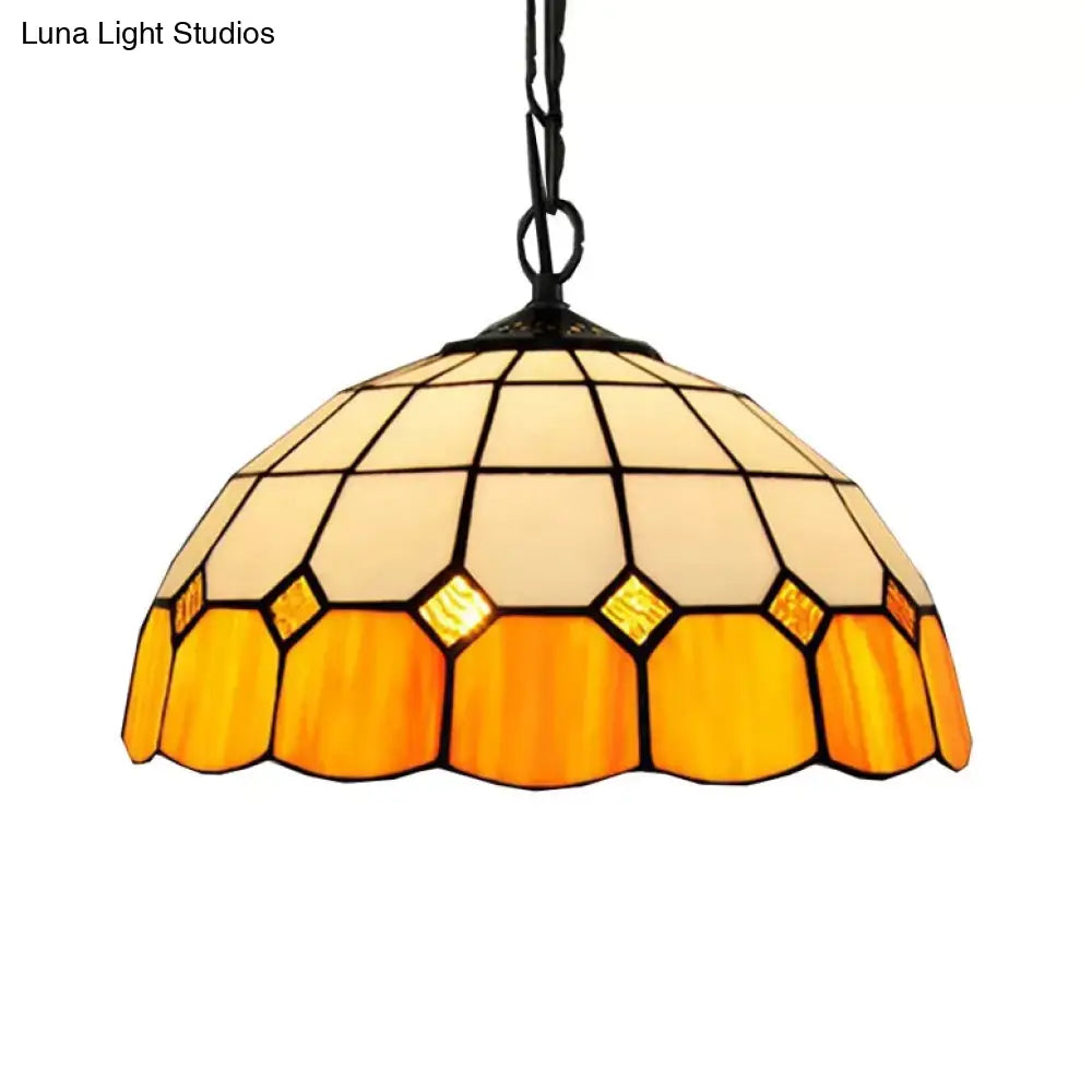 Tiffany Art Glass Dome Pendant Light - Beige/Orange/Blue - 1 Bulb - Ceiling Hang Fixture for Living Room - 8"/12"/16" W