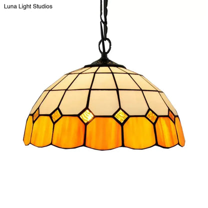 Tiffany Art Glass Dome Pendant Light - Beige/Orange/Blue - 1 Bulb - Ceiling Hang Fixture for Living Room - 8"/12"/16" W