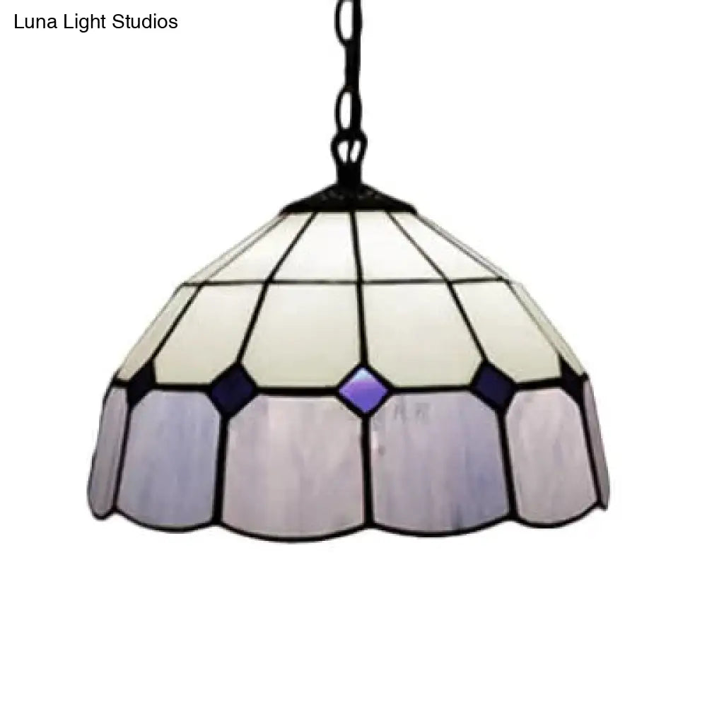 Tiffany Art Glass Dome Pendant Light - Beige/Orange/Blue - 1 Bulb - Ceiling Hang Fixture for Living Room - 8"/12"/16" W