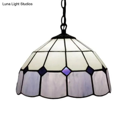 Tiffany Art Glass Dome Pendant Light - Beige/Orange/Blue - 1 Bulb - Ceiling Hang Fixture for Living Room - 8"/12"/16" W