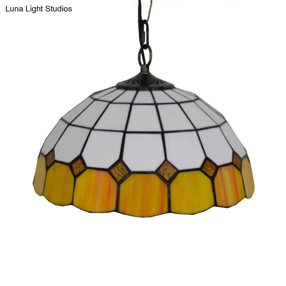 Tiffany Art Glass Dome Pendant Light - Beige/Orange/Blue - 1 Bulb - Ceiling Hang Fixture for Living Room - 8"/12"/16" W