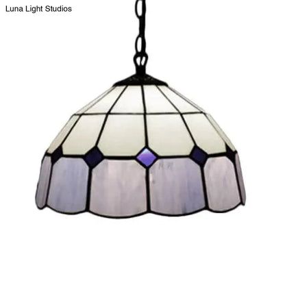 Tiffany Art Glass Dome Pendant Light - Beige/Orange/Blue - 1 Bulb - Ceiling Hang Fixture for Living Room - 8"/12"/16" W