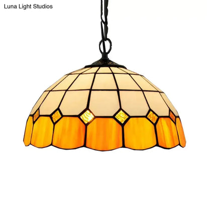 Tiffany Art Glass Dome Pendant Light - Beige/Orange/Blue - 1 Bulb - Ceiling Hang Fixture for Living Room - 8"/12"/16" W