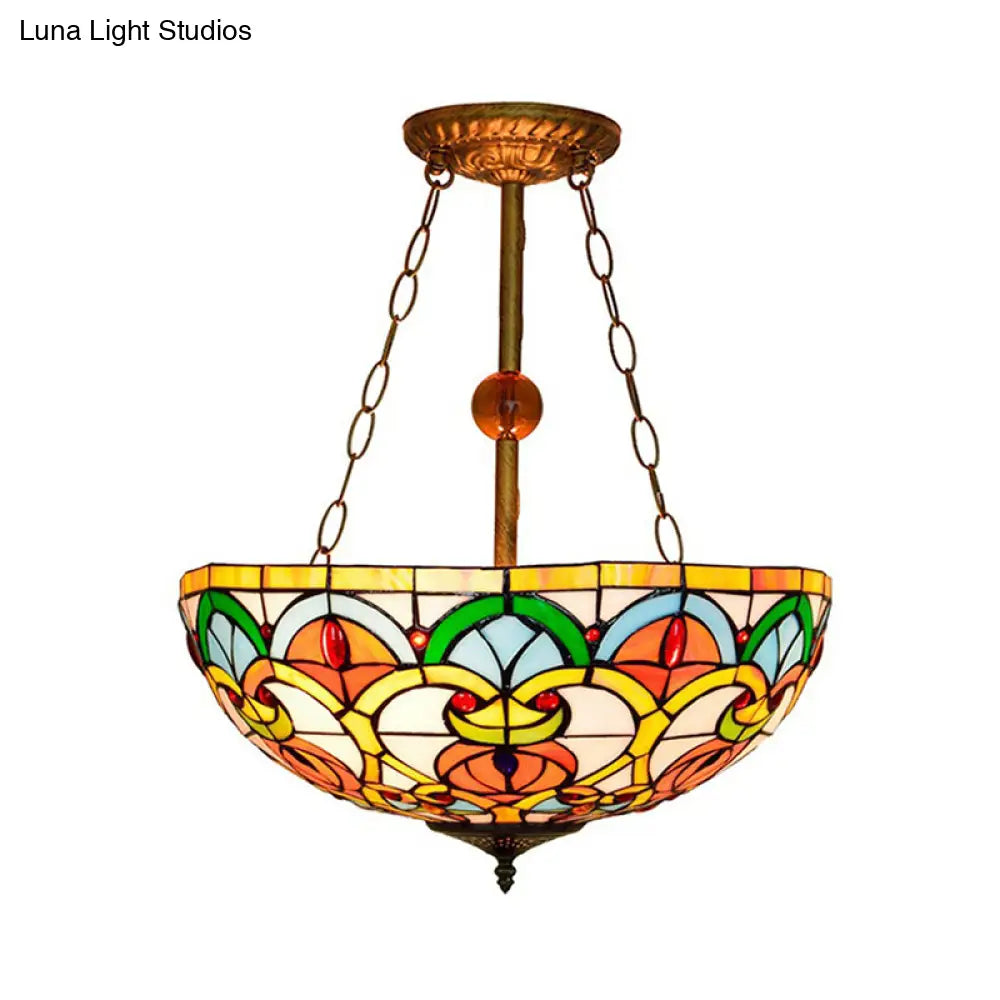 Tiffany Baroque Bowl Stained Glass Ceiling Light - Green/Red Semi Flush Mount for Villas