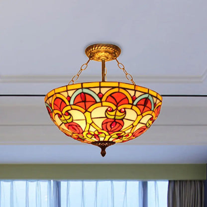 Tiffany Baroque Bowl Stained Glass Ceiling Light - Green/Red Semi Flush Mount for Villas