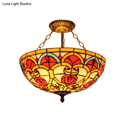 Tiffany Baroque Bowl Stained Glass Ceiling Light - Green/Red Semi Flush Mount for Villas