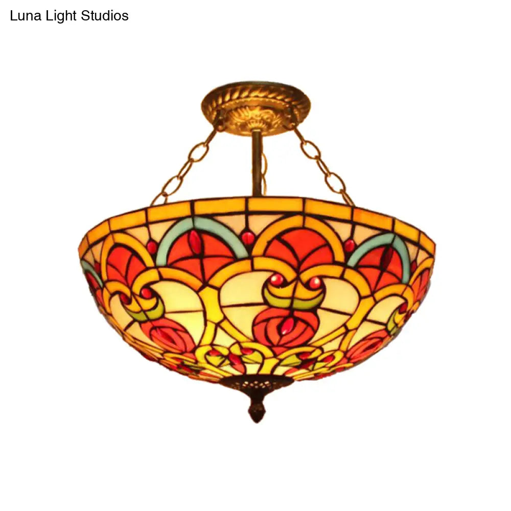 Tiffany Baroque Bowl Stained Glass Ceiling Light - Green/Red Semi Flush Mount for Villas