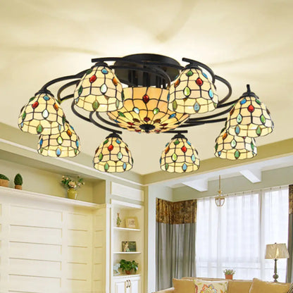 DecorBites™ DecorBites™ Tiffany Beaded Semi Flush Light - Beige Glass Ceiling Mounted Fixture for Bedroom (9/11 Lights)