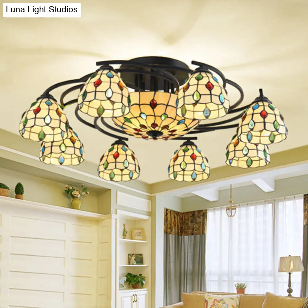 DecorBites™ DecorBites™ Tiffany Beaded Semi Flush Light - Beige Glass Ceiling Mounted Fixture for Bedroom (9/11 Lights)