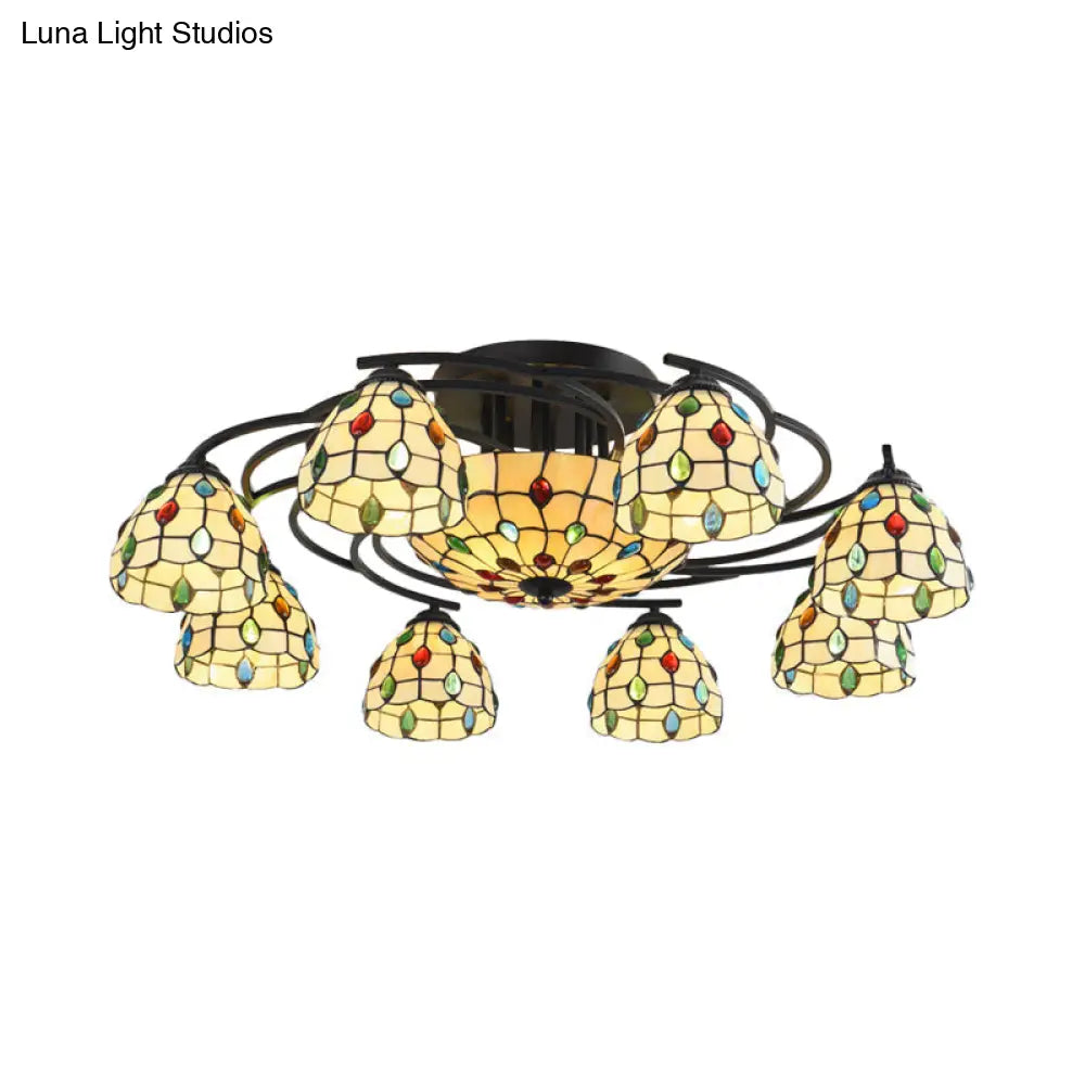 DecorBites™ DecorBites™ Tiffany Beaded Semi Flush Light - Beige Glass Ceiling Mounted Fixture for Bedroom (9/11 Lights)