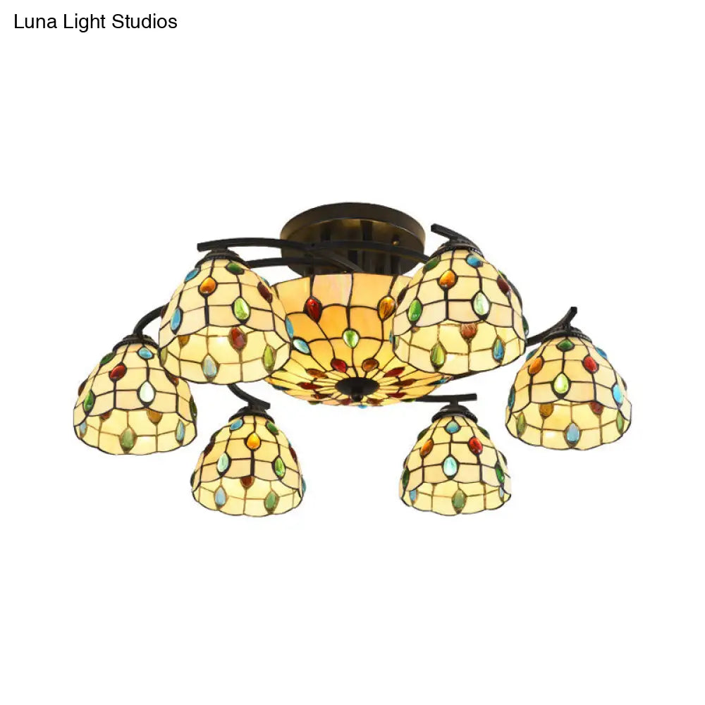 DecorBites™ DecorBites™ Tiffany Beaded Semi Flush Light - Beige Glass Ceiling Mounted Fixture for Bedroom (9/11 Lights)