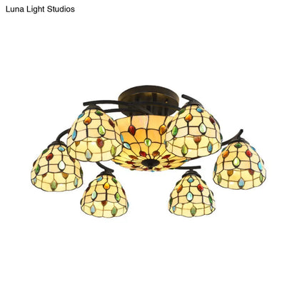 DecorBites™ DecorBites™ Tiffany Beaded Semi Flush Light - Beige Glass Ceiling Mounted Fixture for Bedroom (9/11 Lights)