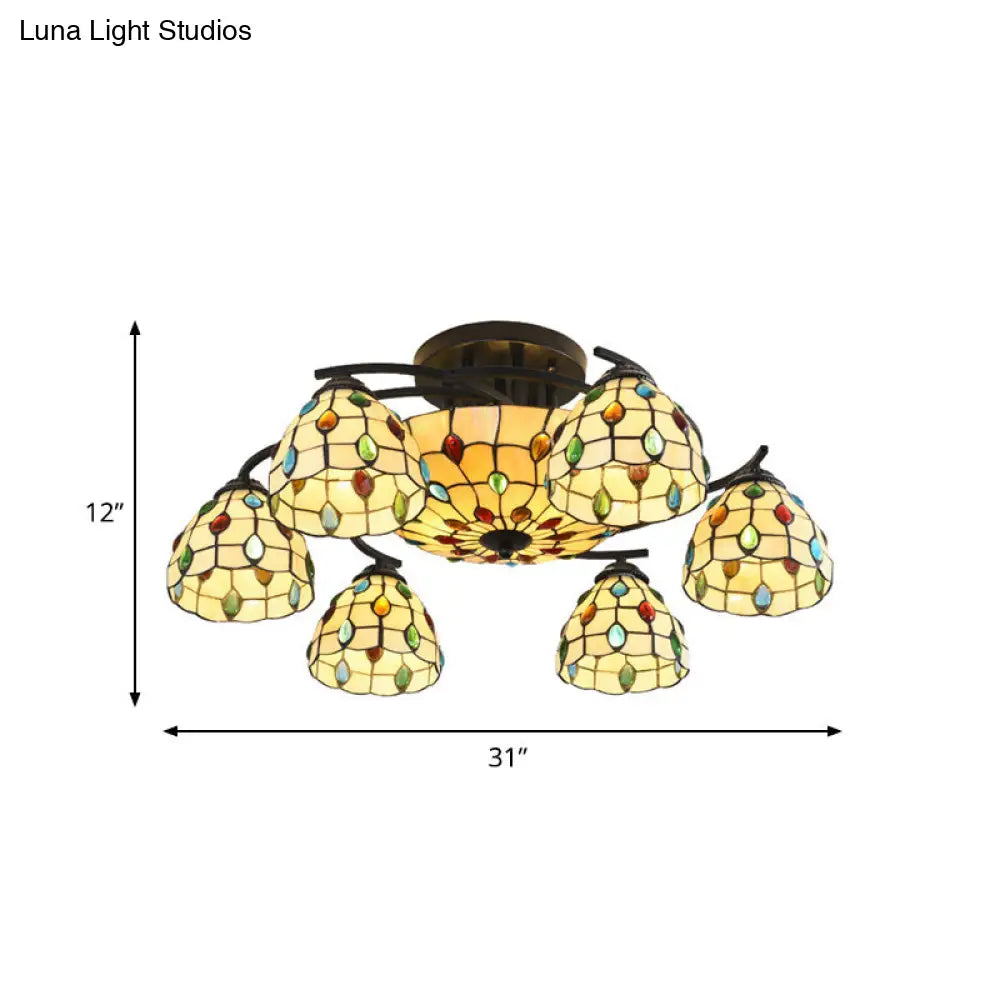 DecorBites™ DecorBites™ Tiffany Beaded Semi Flush Light - Beige Glass Ceiling Mounted Fixture for Bedroom (9/11 Lights)