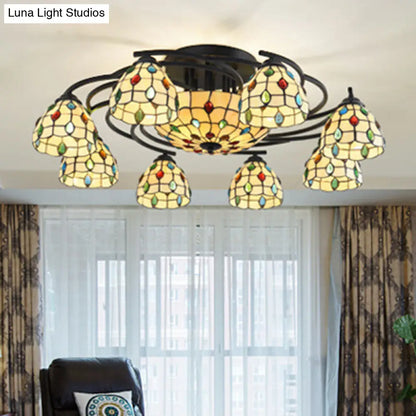 DecorBites™ DecorBites™ Tiffany Beaded Semi Flush Light - Beige Glass Ceiling Mounted Fixture for Bedroom (9/11 Lights)