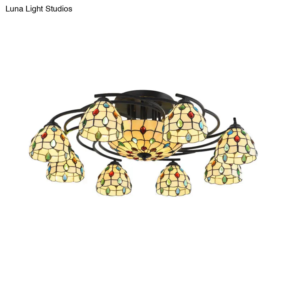 DecorBites™ DecorBites™ Tiffany Beaded Semi Flush Light - Beige Glass Ceiling Mounted Fixture for Bedroom (9/11 Lights)