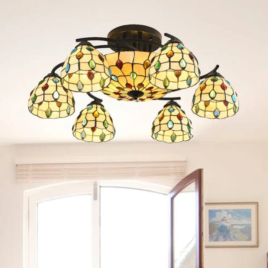 DecorBites™ DecorBites™ Tiffany Beaded Semi Flush Light - Beige Glass Ceiling Mounted Fixture for Bedroom (9/11 Lights)