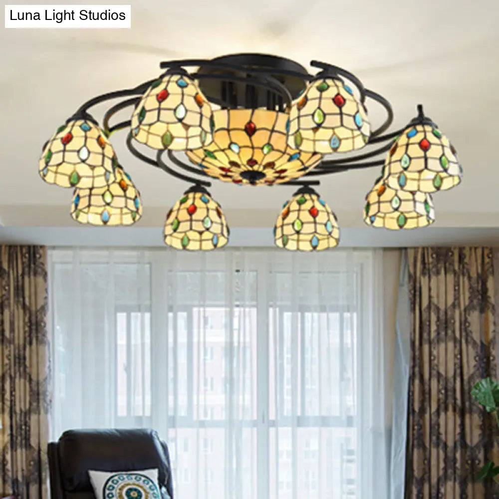 DecorBites™ DecorBites™ Tiffany Beaded Semi Flush Light - Beige Glass Ceiling Mounted Fixture for Bedroom (9/11 Lights)