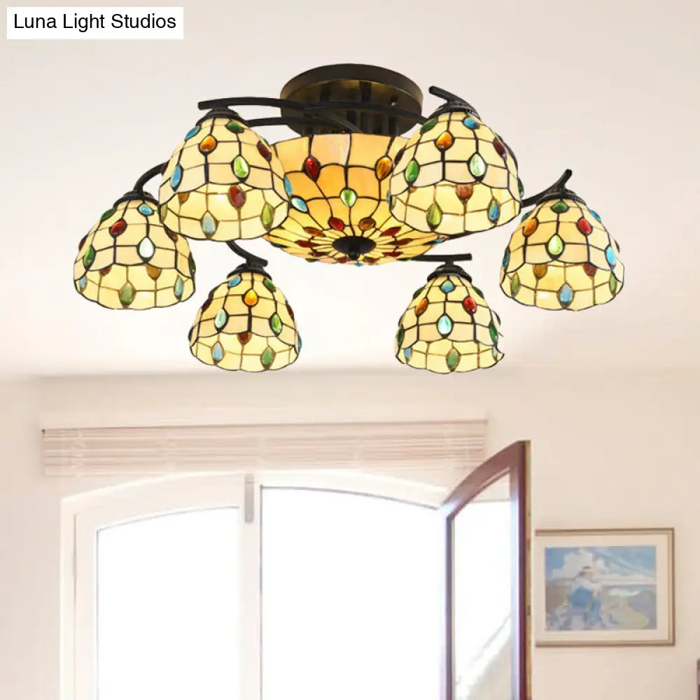 DecorBites™ DecorBites™ Tiffany Beaded Semi Flush Light - Beige Glass Ceiling Mounted Fixture for Bedroom (9/11 Lights)