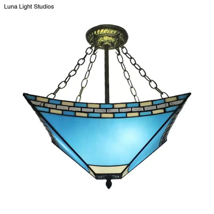 DecorBites™ DecorBites™ Tiffany Bedroom Ceiling Lights - 3-Light Pyramid Semi Flush with Chain and Stained Glass Shade - 18" High x 18" Diameter