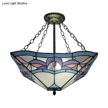 DecorBites™ DecorBites™ Tiffany Bedroom Ceiling Lights - 3-Light Pyramid Semi Flush with Chain and Stained Glass Shade - 18" High x 18" Diameter