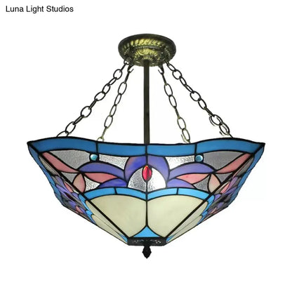 DecorBites™ DecorBites™ Tiffany Bedroom Ceiling Lights - 3-Light Pyramid Semi Flush with Chain and Stained Glass Shade - 18" High x 18" Diameter