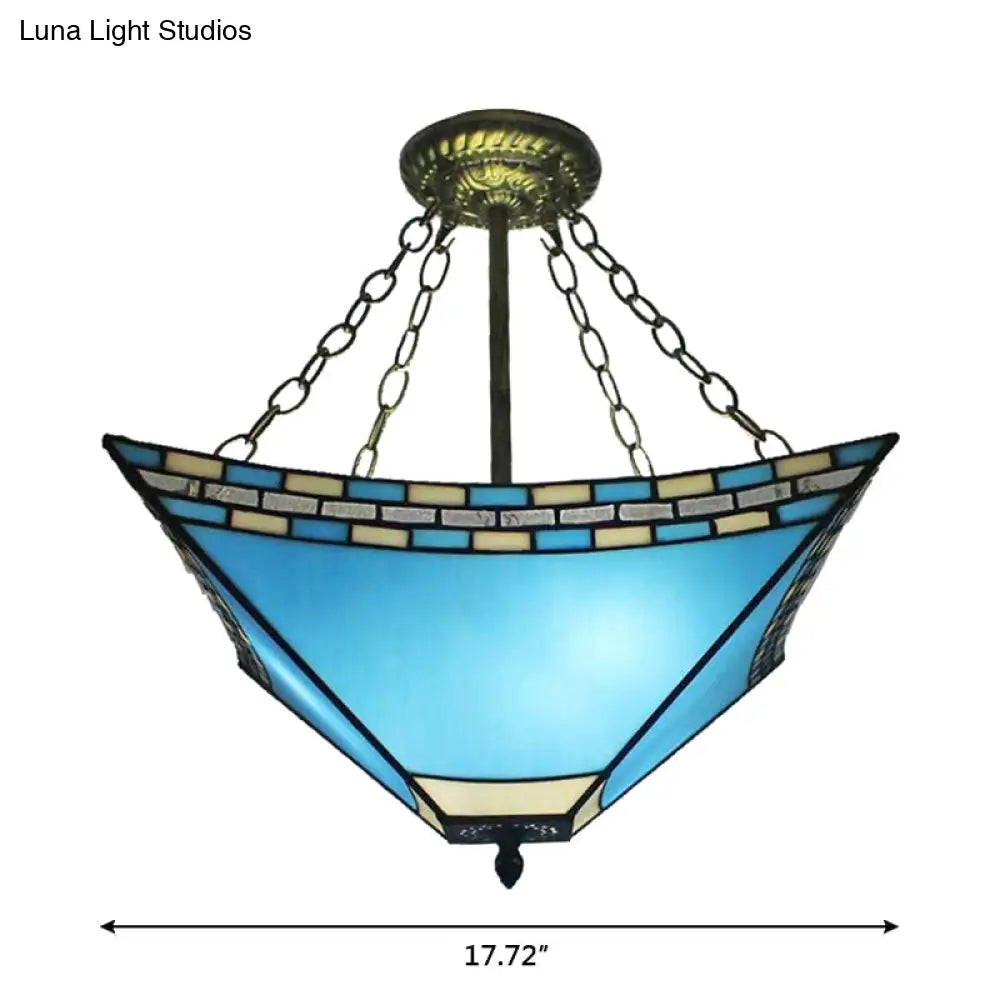 DecorBites™ DecorBites™ Tiffany Bedroom Ceiling Lights - 3-Light Pyramid Semi Flush with Chain and Stained Glass Shade - 18" High x 18" Diameter