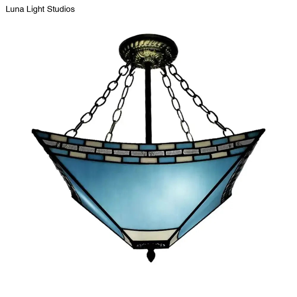 DecorBites™ DecorBites™ Tiffany Bedroom Ceiling Lights - 3-Light Pyramid Semi Flush with Chain and Stained Glass Shade - 18" High x 18" Diameter