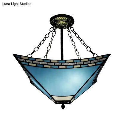 DecorBites™ DecorBites™ Tiffany Bedroom Ceiling Lights - 3-Light Pyramid Semi Flush with Chain and Stained Glass Shade - 18" High x 18" Diameter