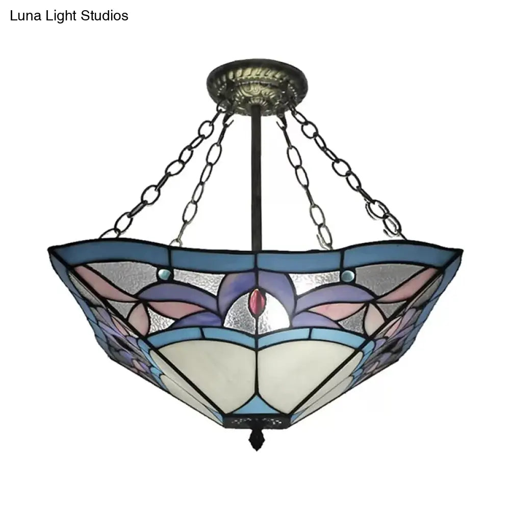 DecorBites™ DecorBites™ Tiffany Bedroom Ceiling Lights - 3-Light Pyramid Semi Flush with Chain and Stained Glass Shade - 18" High x 18" Diameter