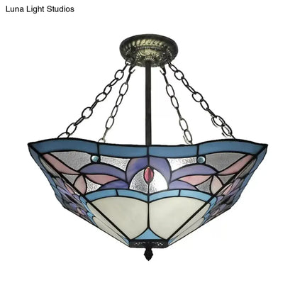 DecorBites™ DecorBites™ Tiffany Bedroom Ceiling Lights - 3-Light Pyramid Semi Flush with Chain and Stained Glass Shade - 18" High x 18" Diameter