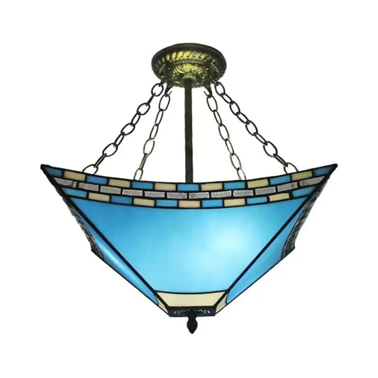 DecorBites™ DecorBites™ Tiffany Bedroom Ceiling Lights - 3-Light Pyramid Semi Flush with Chain and Stained Glass Shade - 18" High x 18" Diameter