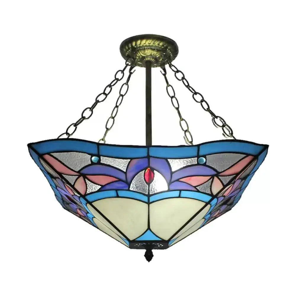 DecorBites™ DecorBites™ Tiffany Bedroom Ceiling Lights - 3-Light Pyramid Semi Flush with Chain and Stained Glass Shade - 18" High x 18" Diameter
