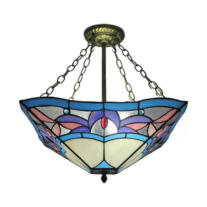 DecorBites™ DecorBites™ Tiffany Bedroom Ceiling Lights - 3-Light Pyramid Semi Flush with Chain and Stained Glass Shade - 18" High x 18" Diameter
