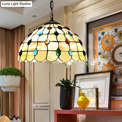 Tiffany Beige Pendant Light with Stained Glass Shade - Elegant Study Ceiling Fixture