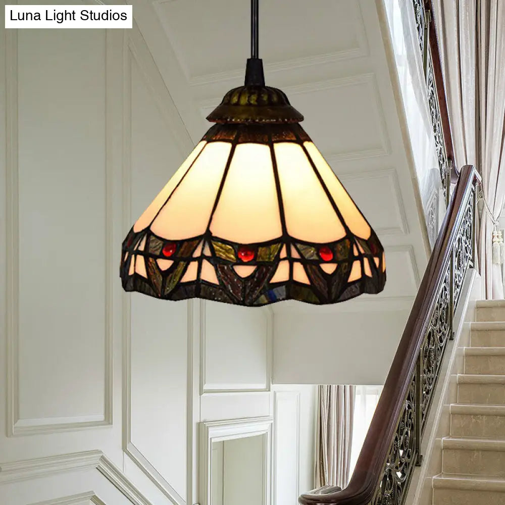 Tiffany Beige Stained Glass Ceiling Pendant Light - Wide Flare Down Lighting for Stairway