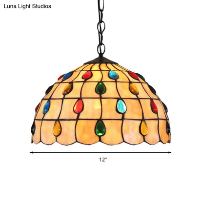 Tiffany Beige Stained Glass Stair Pendant Light with Beaded Shade