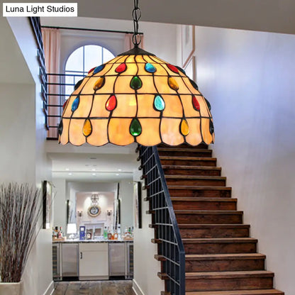 Tiffany Beige Stained Glass Stair Pendant Light with Beaded Shade